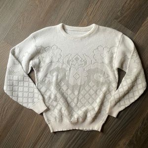 Vintage white knit sweater with metallic floral stitching detail